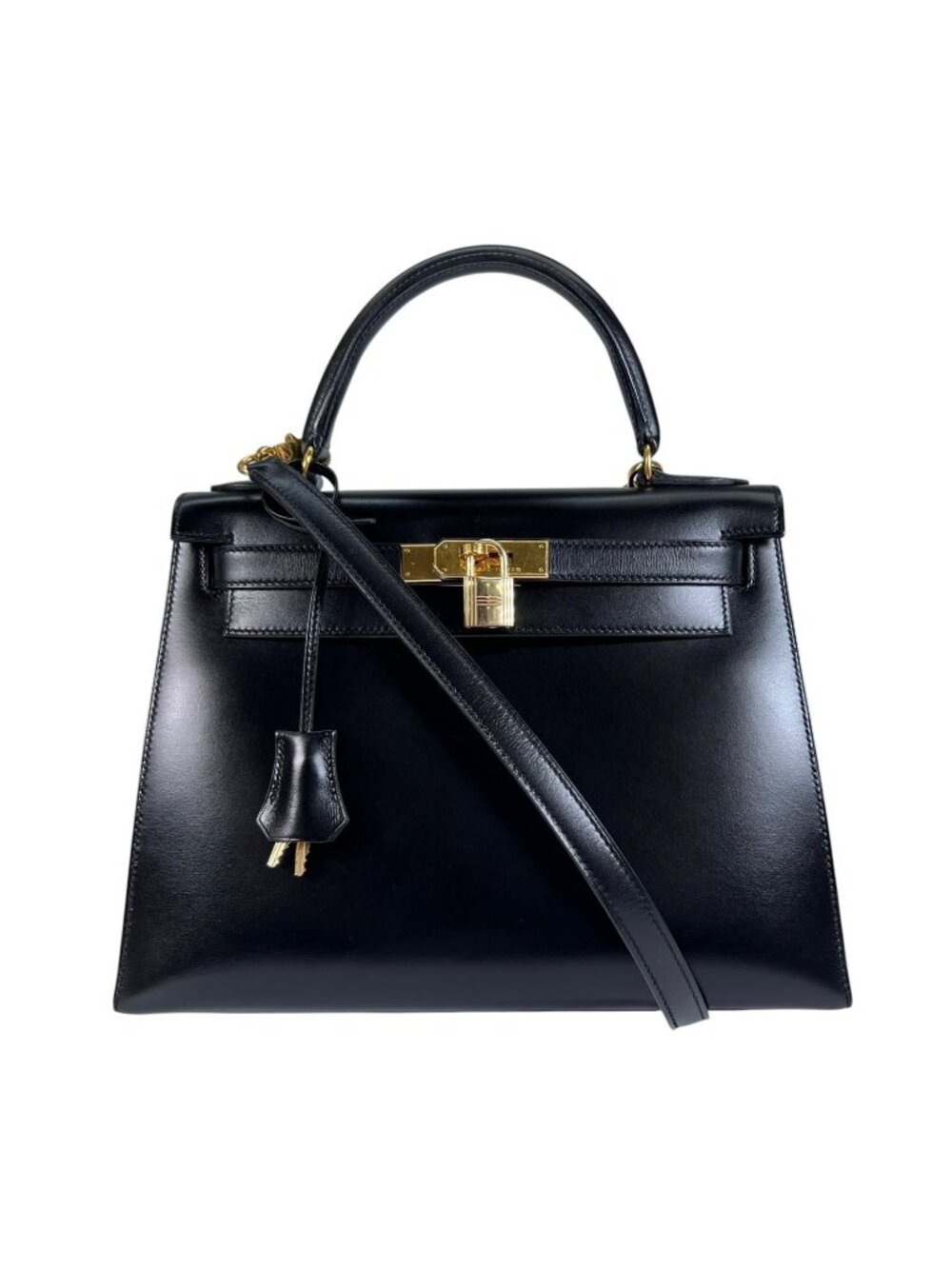 Hermes Kelly 28 Box Calf Black 2-Way Shoulder Bag